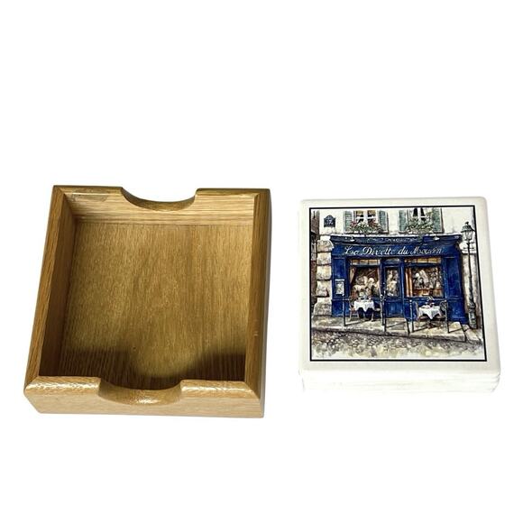 Ceramic Coasters Set Of 4 La Divette Du Moulin Cork Back Tray Paris Cafe - Picture 4 of 12